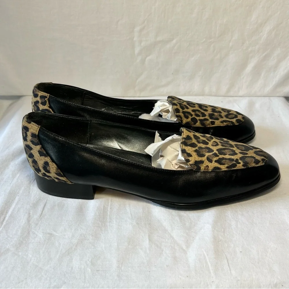 Nordstrom Black Leopard Animal Print Loafers Shoes Womens Size 7.5 N Narrow‎